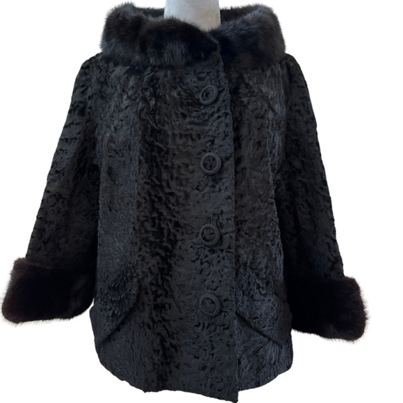 Vintage Persian Sheared Black Lamb Fur Coat with Mink Trim Long Sleeves Size 8 - Picture 1 of 13